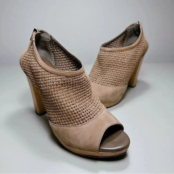 Banana Republic Leather Peep Toe Woven Wooden Heel  Brow Booties - Picture 7 of 13